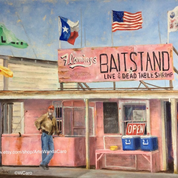 Rockport Bait shop III, original 11x14" oil painting linen canvas, Fleming's Baitstand, pink bait and tackle,  ©WCaro