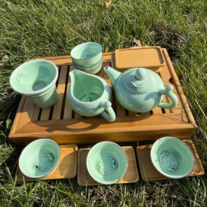 Double Koi Fish Tea Set with Medium Bamboo Tea Tray image 3