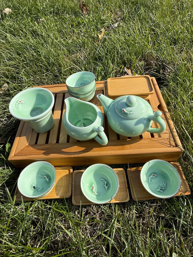 Double Koi Fish Tea Set with Medium Bamboo Tea Tray image 3