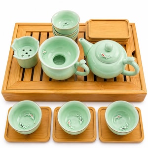 Double Koi Fish Tea Set with Medium Bamboo Tea Tray image 1