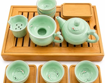 Double Koi Fish Tea Set with Medium Bamboo Tea Tray