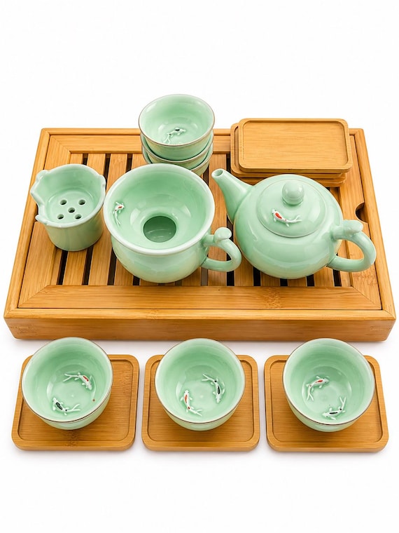Double Koi Fish Tea Set with Medium Bamboo Tea Tray