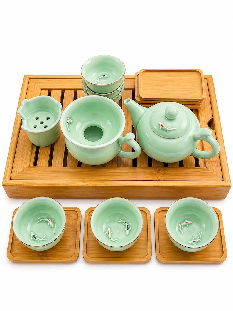 Double Koi Fish Tea Set with Medium Bamboo Tea Tray image 1