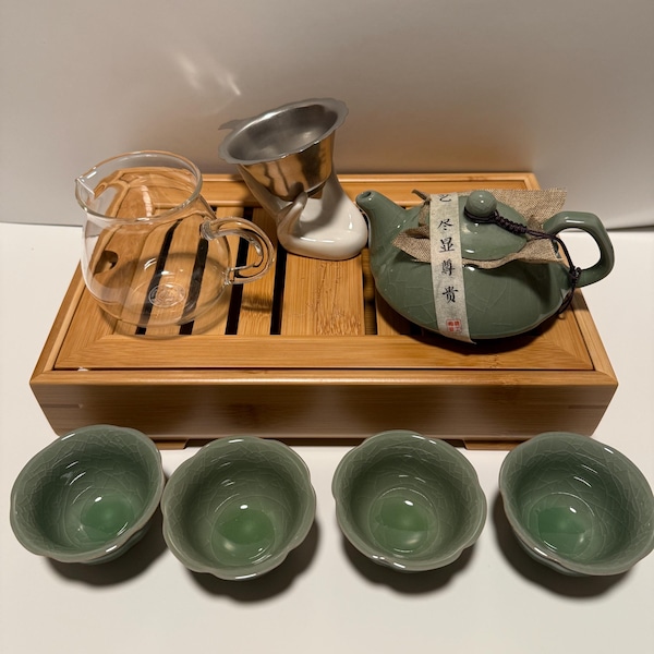 Gong Fu Tea Set:  Glazed Ceramic with Bamboo Tray