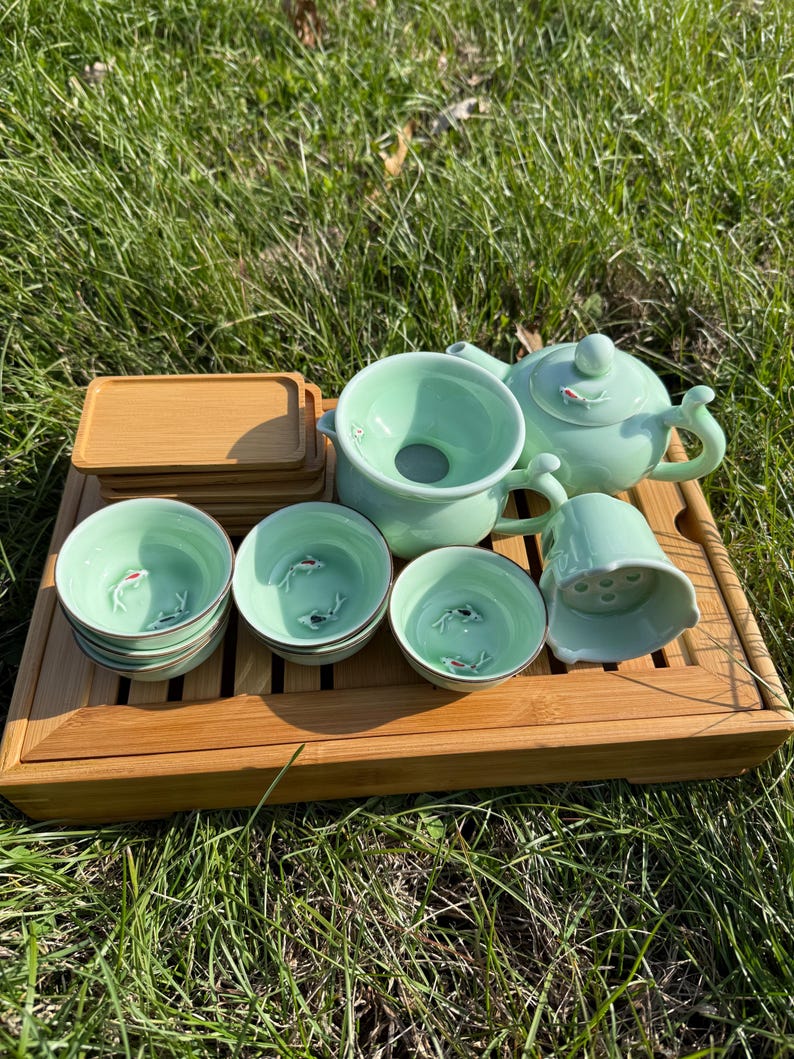 Double Koi Fish Tea Set with Medium Bamboo Tea Tray image 6