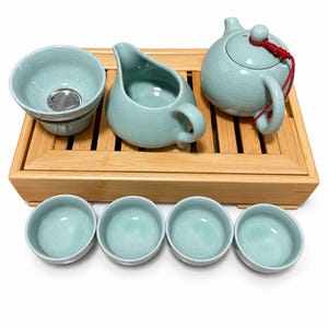 Gong Fu Tea Set:  Glazed Ceramic with Bamboo Tray