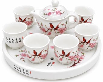 Double Wall Bird Tea Set with Tea Tray