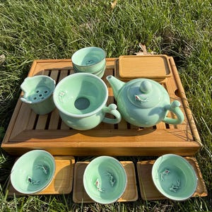 Double Koi Fish Tea Set with Medium Bamboo Tea Tray