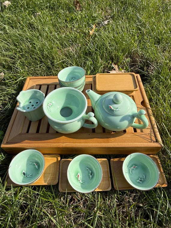 Double Koi Fish Tea Set with Medium Bamboo Tea Tray