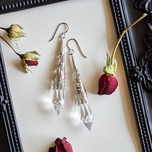 May include: A pair of silver teardrop earrings with clear crystal drops. The earrings are hanging from a black picture frame with dried roses.