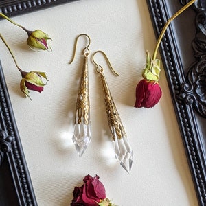 May include: A pair of gold-toned earrings with clear crystal teardrop pendants. The earrings are displayed against a white background with dried red roses.