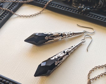 RARE Black Swarovski Crystal Point Earrings (HECATE) Silver, Victorian, Hypoallergenic, Gothic Earrings, Witchy Jewelry