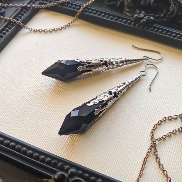 RARE Boucles d'oreilles en cristal Swarovski noirs (HECATE) Boucles d'oreilles en argent, victoriennes, hypoallergéniques, gothiques, bijoux de sorcellerie