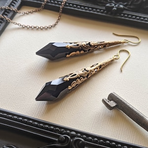 RARE Black Swarovski Crystal Point Earrings (HECATE) Antique Brass, Victorian, Hypoallergenic, Gothic Earrings, Witchy Jewelry