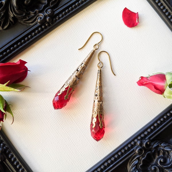 Ruby Red Czech Crystal Droplet Earrings (CARMILLA) Antique Brass, Filigree, Romantic, Victorian, Vampire, Gothic, Hypoallergenic, Valentines