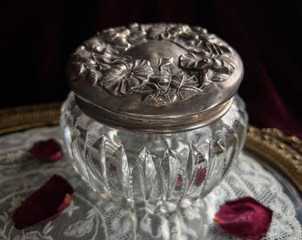 Antique Sterling Silver Vanity Jar w/ Morning Glories, Art Nouveau Repoussé Glass Dresser Jar
