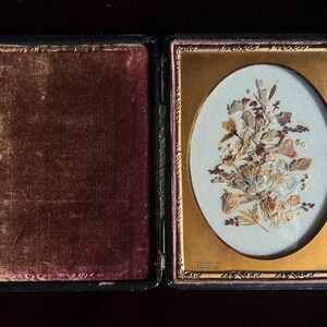 May include: A framed pressed flower arrangement in an oval frame with a gold border. The frame is made of wood and has a black velvet backing. The flowers are pressed and arranged in a bouquet shape. The flowers are a variety of colors, including white, pink, and brown.