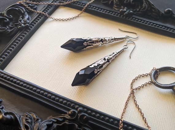 RARE Black Swarovski Crystal Point Earrings (HECATE) Silver, Victorian, Hypoallergenic, Gothic Earrings, Witchy Jewelry