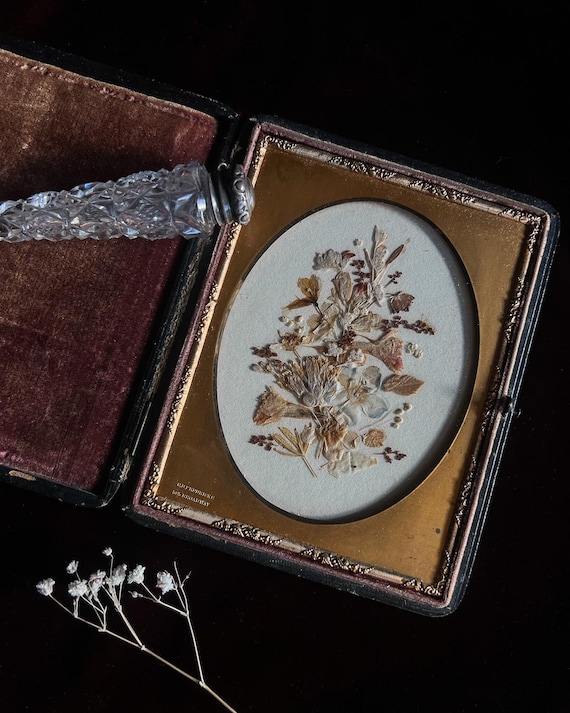 Victorian Pressed Flower Tintype, C.D. Fredricks, Half Plate Leather Case