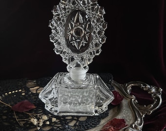 Vintage Art Deco Glass Perfume Bottle, (c. 1930s-40s) Frosted Floral Glass, Faceted Stopper, Vanity Bottle