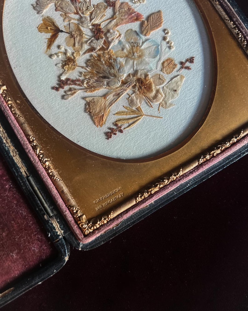 May include: A framed pressed flower arrangement in a gold oval frame with a black velvet backing. The frame has the inscription "G.F. HERRING 152 BROADWAY" on the bottom.