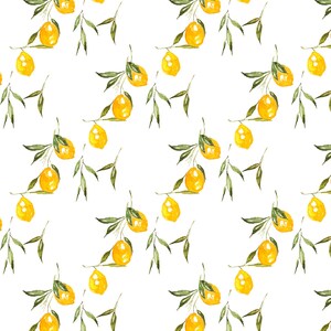 Peut inclure: Un motif sans couture avec des illustrations d'aquarelle de citrons jaunes avec des feuilles vertes sur un fond blanc.