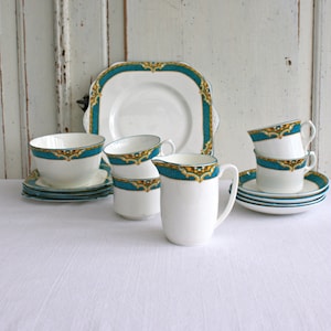1930s English Bone China Tea Set: Turquoise & Yellow Gladstone China