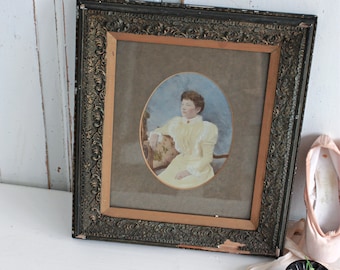 Large glazed antique painted photo in gesso detail wooden frame