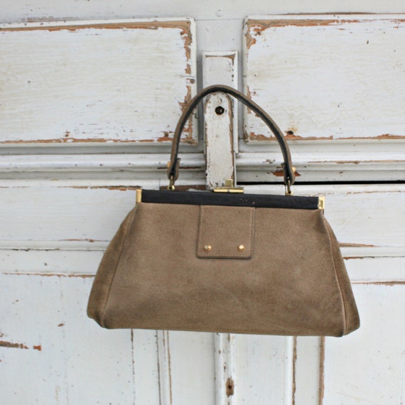 Suede top handle bag, Gladstone bag, Vintage Engli