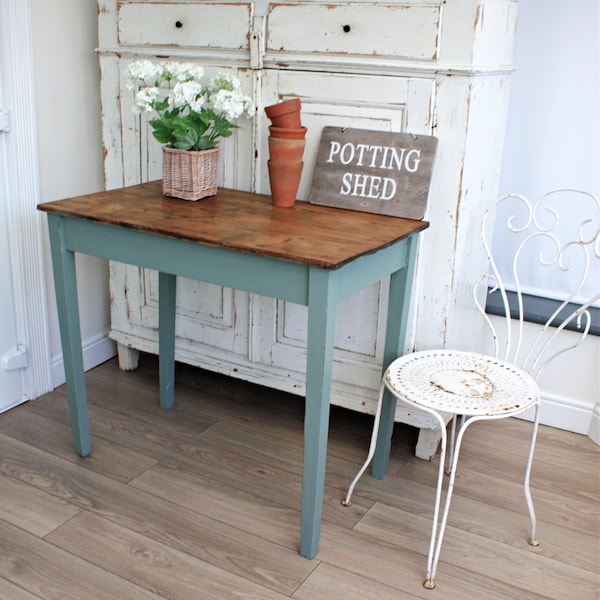 Rustic French Kitchen Table: Vintage Plank Top, Painted Base
