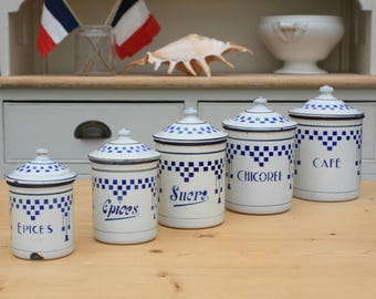 French Enamelware / French Enamel / Kitchen Canisters / French Kitchen / Shabby Chic / Blue and White / French Country