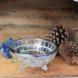 Vintage Pressed Glass Footed Bowl: Silver Rim Decorative Serving Bowl