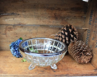 Vintage Pressed Glass Footed Bowl: Silver Rim Decorative Serving Bowl