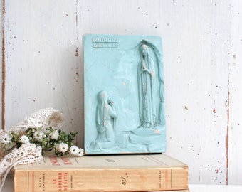 Blue Religious Lady of Lourdes Virgin Mary Wall Plaque, French Nordic Decor