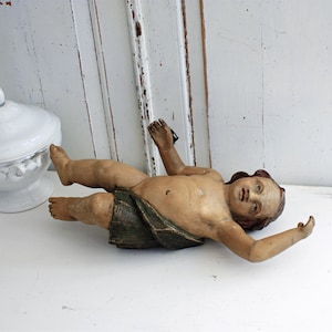 Large Antique Hand Carved and Painted Figure of Baby Jesus