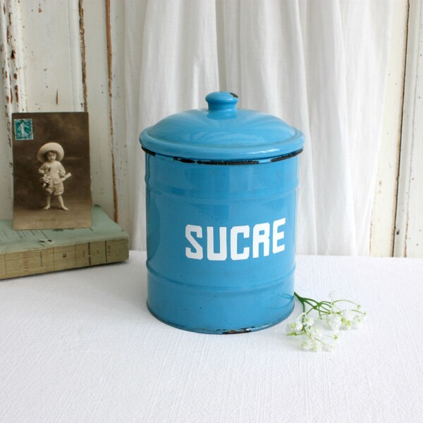Large French blue enamel sugar kitchen canister, French blue and white enamelware, French Shabby Chic decor