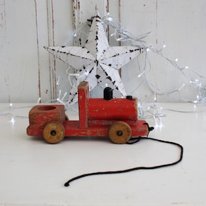 Red Vintage Pull Along Toy Train, Home or Seasonal Christmas Decor