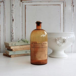 Original Old French Large Amber Brown Glass Apothecary or Perfume Bottle with Original Label