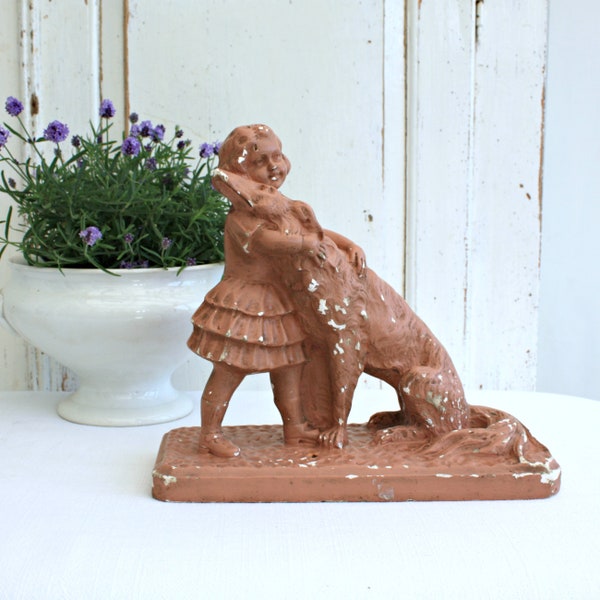 French Vintage Plaster Statue of a Child and Dog, Quirky French Home Decor