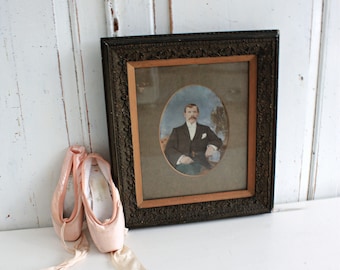 Large glazed antique painted photo in gesso detail wooden frame
