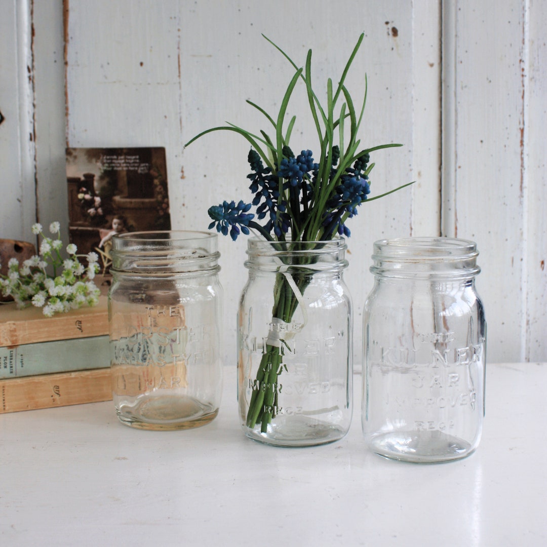 Three Old Clear Glass Kilner Jars, Decorative Country Living Vases