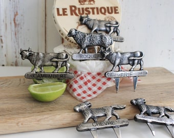 Six French Vintage Metal Cheese Markers, Dinner Party Decor