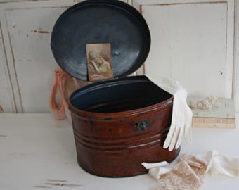 Oval Antique Metal Hat Box: Vintage Home Storage