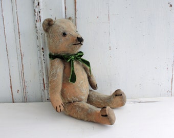 Old Threadbare 16" Teddy Bear, Jointed, Mohair, Glass Eyes, Straw Filled