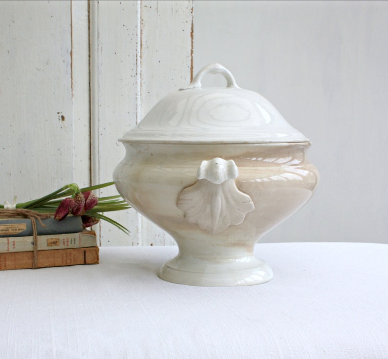 Large French old white ironstone tureen French Nordic decor