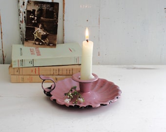 French Antique Pink Enamel Candle Stick Holder