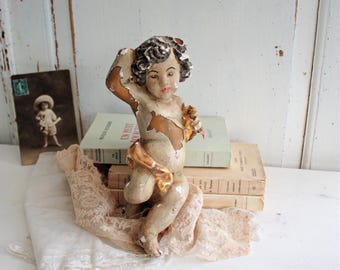 Rare Antique Hand Painted Wooden Angel, Putti, Wall Plaque for Home Decor