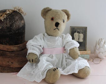 1950s English Teddy Bear, 16 inch, Jointed, Threadbare Fur, Embroidered Dress