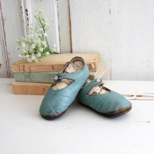 Decorative 40's Blue Leather Baby Shoes,  English Vintage blue home staging