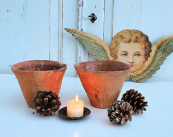 Pair of French antique resin harvesting pots, rustic terracota flower pots